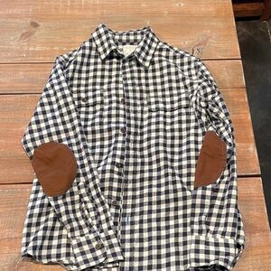 J. Crew Boys Navy and White Gingham Button-Down with Brown Elbow Patches